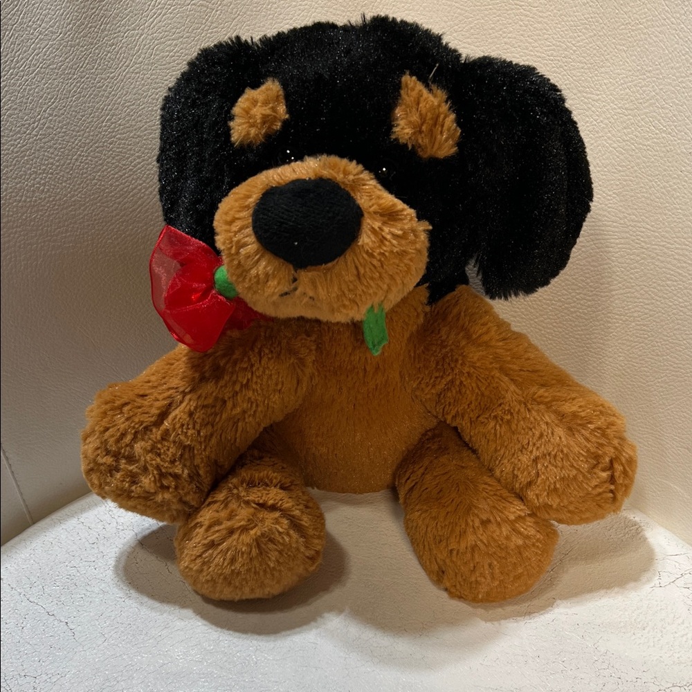 Kellytoy Black and Brown Plush Dog Toy with Red Accent